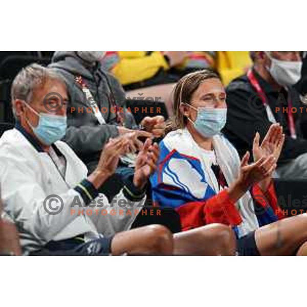 Golf coach Ales Babnik and LET golf players Pia Babnik during semi-final of Men’s Basketball between Slovenia and France in Saitama Super Arena at Tokyo 2020 Summer Olympic Games, Japan on August 5, 2021 