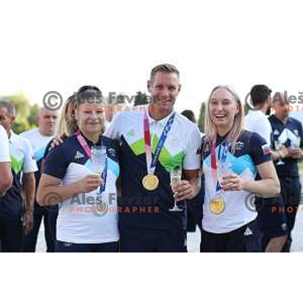 Janja Garnbret, Tina Trstenjak and Benjamin Savsek during reception of Slovenia Olympic team of Tokyo 2020 Summer Olympic games held by president of Slovenia at Brdo Castle, Slovenia on August 10, 2021