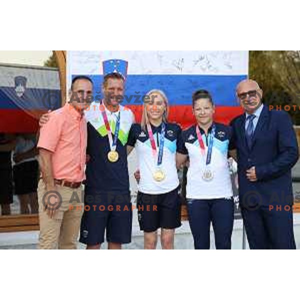Janja Garnbret, Tina Trstenjak and Benjamin Savsek during reception of Slovenia Olympic team of Tokyo 2020 Summer Olympic games held by president of Slovenia at Brdo Castle, Slovenia on August 10, 2021