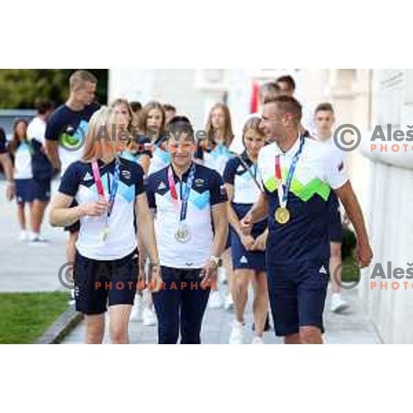 Janja Garnbret, Tina Trstenjak and Benjamin Savsek during reception of Slovenia Olympic team of Tokyo 2020 Summer Olympic games held by president of Slovenia at Brdo Castle, Slovenia on August 10, 2021
