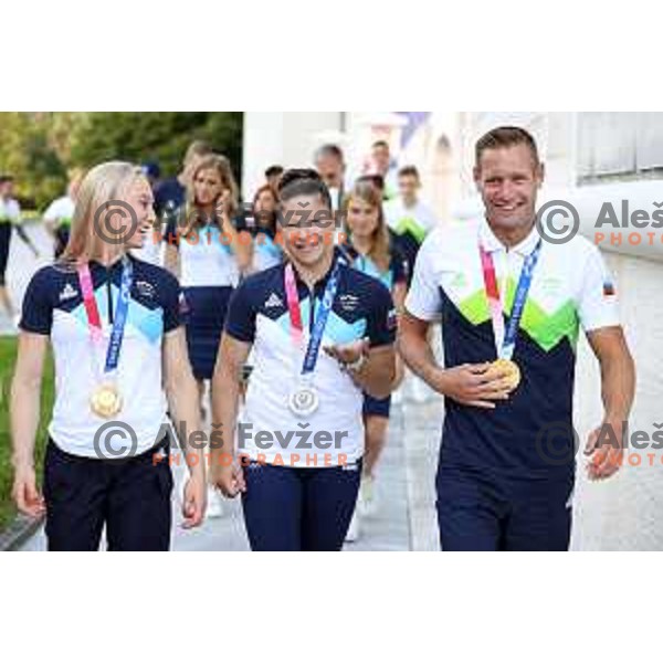 Janja Garnbret, Tina Trstenjak and Benjamin Savsek during reception of Slovenia Olympic team of Tokyo 2020 Summer Olympic games held by president of Slovenia at Brdo Castle, Slovenia on August 10, 2021