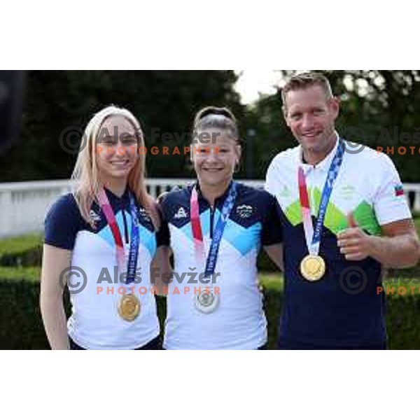 Janja Garnbret, Tina Trstenjak and Benjamin Savsek during reception of Slovenia Olympic team of Tokyo 2020 Summer Olympic games held by president of Slovenia at Brdo Castle, Slovenia on August 10, 2021