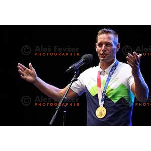 Benjamin Savsek during reception of Slovenia Olympic team of Tokyo 2020 summer Olympic games at Congress Square in Ljubljana, Slovenia on August 10, 2021