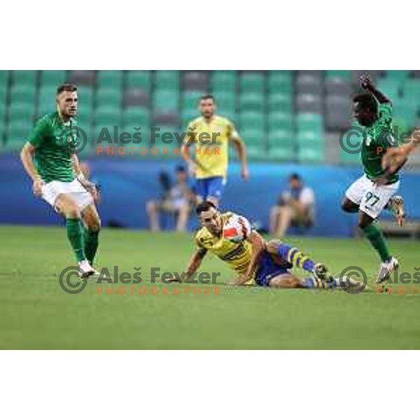 Ivan Borna Jelic Balta and Aldair Djalo action during Prva Liga Telemach football match between Olimpija and Koper in Ljubljana, Slovenia on August 15, 2021