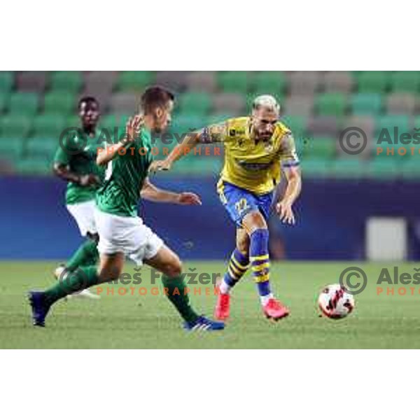 Nik Kapun and Maks Barisic in action during Prva Liga Telemach football match between Olimpija and Koper in Ljubljana, Slovenia on August 15, 2021