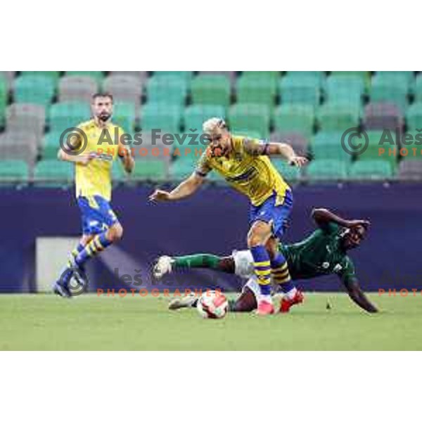 Maks Barisic and Aldair Djalo in action during Prva Liga Telemach football match between Olimpija and Koper in Ljubljana, Slovenia on August 15, 2021