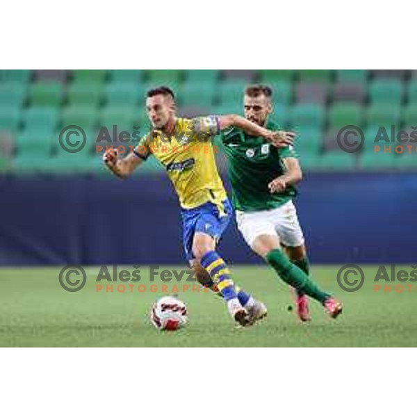 Stjepan Ostrek and Mustafa Nukic in action during Prva Liga Telemach football match between Olimpija and Koper in Ljubljana, Slovenia on August 15, 2021