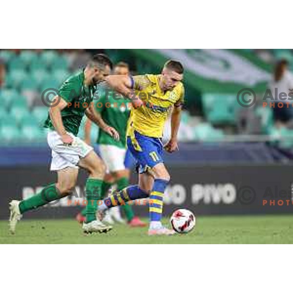 Djordje Crnomarkovic and Nardin Mulahusejnovic in action during Prva Liga Telemach football match between Olimpija and Koper in Ljubljana, Slovenia on August 15, 2021