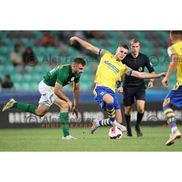 Djordje Crnomarkovic and Nardin Mulahusejnovic in action during Prva Liga Telemach football match between Olimpija and Koper in Ljubljana, Slovenia on August 15, 2021