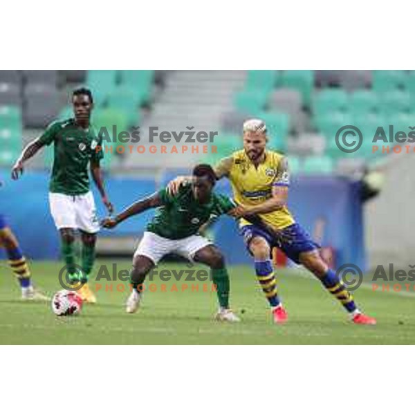 Aldair Djalo and Maks Barisic in action during Prva Liga Telemach football match between Olimpija and Koper in Ljubljana, Slovenia on August 15, 2021