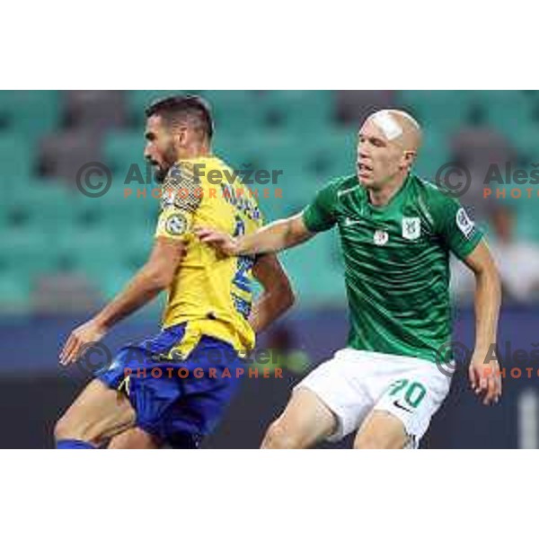 Aleksander Rajcevic and Tomislav Tomic in action during Prva Liga Telemach football match between Olimpija and Koper in Ljubljana, Slovenia on August 15, 2021