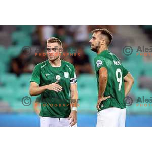 Timi Max Elsnik and Mustafa Nukic in action during Prva Liga Telemach football match between Olimpija and Koper in Ljubljana, Slovenia on August 15, 2021