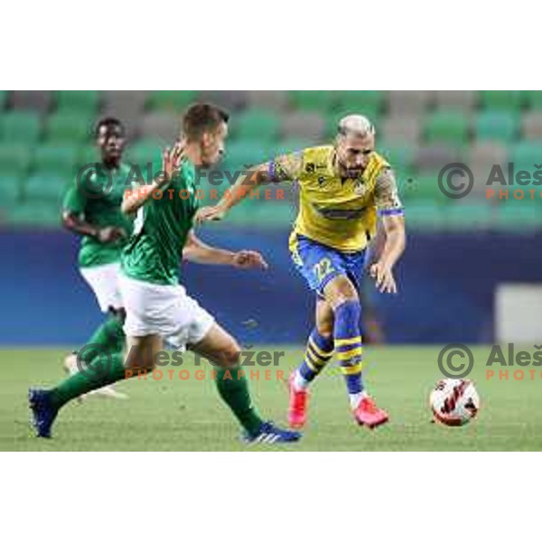 Nik Kapun and Maks Barisic in action during Prva Liga Telemach football match between Olimpija and Koper in Ljubljana, Slovenia on August 15, 2021