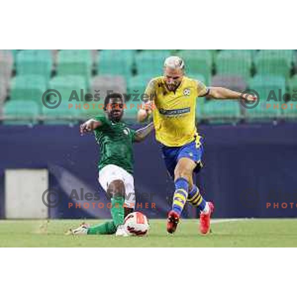 Maks Barisic and Aldair Djalo in action during Prva Liga Telemach football match between Olimpija and Koper in Ljubljana, Slovenia on August 15, 2021