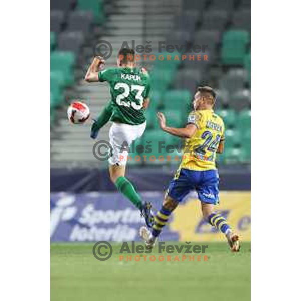 Nik Kapun and Stjepan Ostrek in action during Prva Liga Telemach football match between Olimpija and Koper in Ljubljana, Slovenia on August 15, 2021