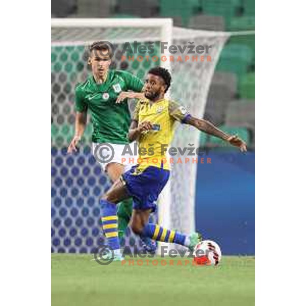 Nik Kapun and Lamin Colley in action during Prva Liga Telemach football match between Olimpija and Koper in Ljubljana, Slovenia on August 15, 2021