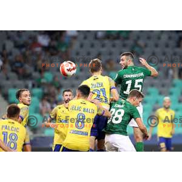 Zan Zuzek and Djordje Crnomarkovic in action during Prva Liga Telemach football match between Olimpija and Koper in Ljubljana, Slovenia on August 15, 2021