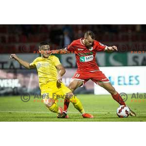 Enes Alic vs Jaka Bizjak in action during Prva liga Telemach football match between Aluminij and Domzale in Sportni park Kidricevo, Kidricevo, Slovenia on August 20, 2021
