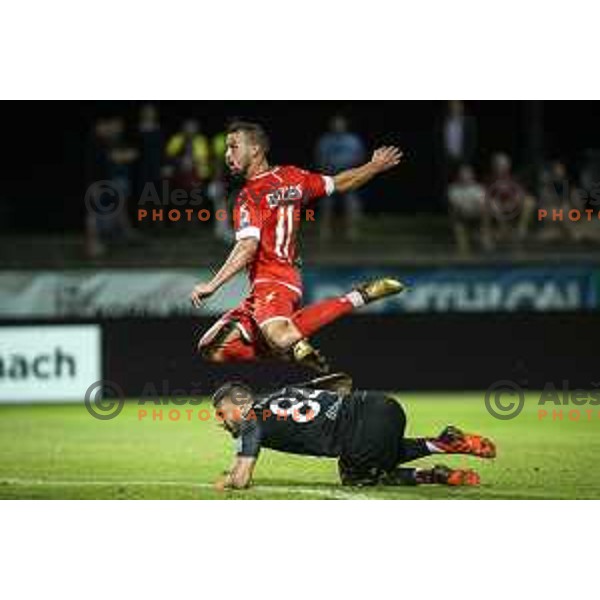 Jaka Bizjak vs Ajdin Mulalic in action during Prva liga Telemach football match between Aluminij and Domzale in Sportni park Kidricevo, Kidricevo, Slovenia on August 20, 2021