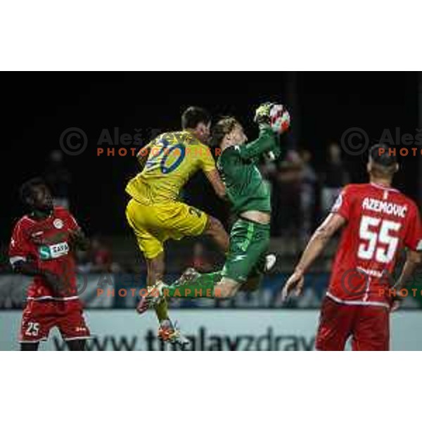Sven Sostaric Karic vs Luka Janzekovic in action during Prva liga Telemach football match between Aluminij and Domzale in Sportni park Kidricevo, Kidricevo, Slovenia on August 20, 2021