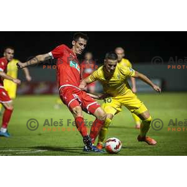Klemen Bolha vs Enes Alic in action during Prva liga Telemach football match between Aluminij and Domzale in Sportni park Kidricevo, Kidricevo, Slovenia on August 20, 2021