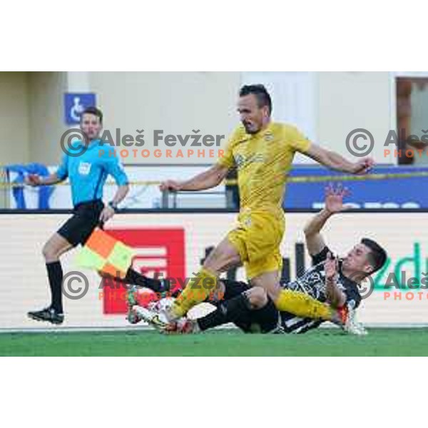 Tilen Klemencic and Mihael Klepac in action during Prva Liga Telemach football match between Domzale and Mura in Domzale, Slovenia on August 29, 2021