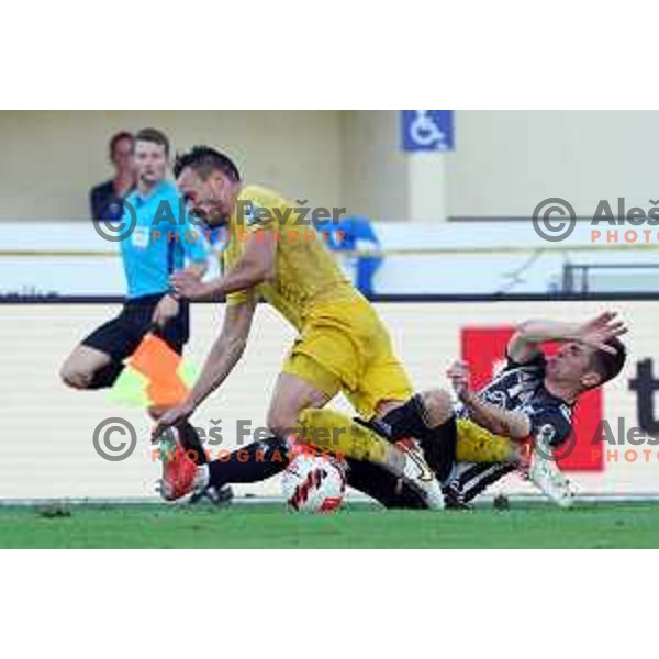 Tilen Klemencic and Mihael Klepac in action during Prva Liga Telemach football match between Domzale and Mura in Domzale, Slovenia on August 29, 2021