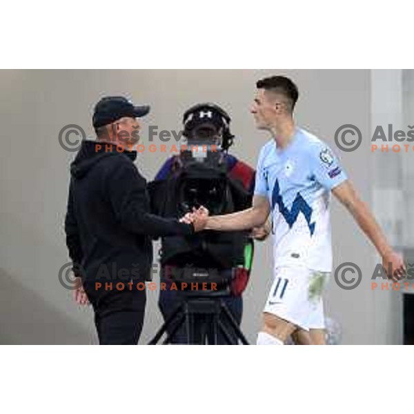 Matjaz Kek and Benjamin Sesko in action during FIFA World Cup 2022 Qualifiers match between Slovenia and Slovakia at Arena Stozice, Ljubljana, Slovenia on September 1, 2021