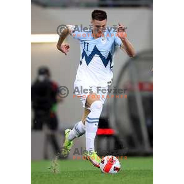 Benjamin Sesko in action during FIFA World Cup 2022 Qualifiers match between Slovenia and Slovakia at Arena Stozice, Ljubljana, Slovenia on September 1, 2021