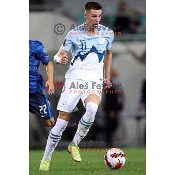Benjamin Sesko in action during FIFA World Cup 2022 Qualifiers match between Slovenia and Slovakia at Arena Stozice, Ljubljana, Slovenia on September 1, 2021