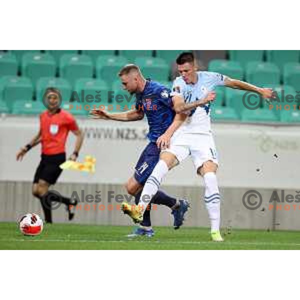 Benjamin Sesko in action during FIFA World Cup 2022 Qualifiers match between Slovenia and Slovakia at Arena Stozice, Ljubljana, Slovenia on September 1, 2021