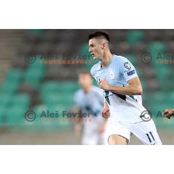 Benjamin Sesko in action during FIFA World Cup 2022 Qualifiers match between Slovenia and Slovakia at Arena Stozice, Ljubljana, Slovenia on September 1, 2021