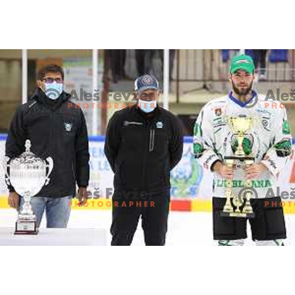 Matjaz Rakovec, Edo Terglav and Zan Jezovsek at Final of Slovenian Ice-Hockey Cup between SZ Olimpija and SIJ Acroni Jesenice at Bled, Slovenia on September 4, 2021