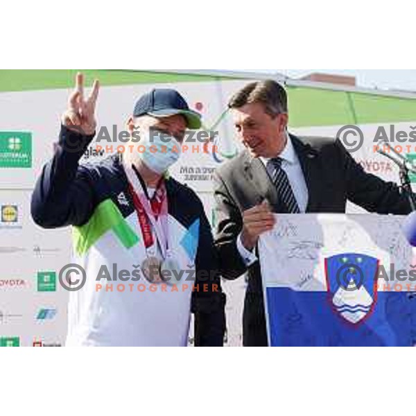 Francek Gorazd Tirsek and Borut Pahor during Reception of Slovenia Paralympic team in Ljubljana on September 8 ,2021