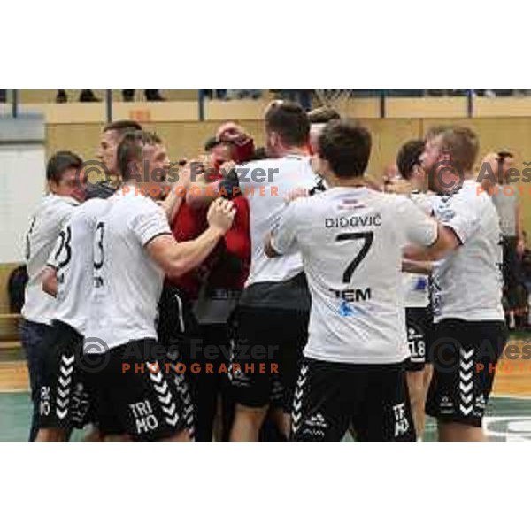 Players of Trimo Trebnje celebrate victory during 1.NLB leasing league handball match between Trimo Trebnje and Gorenje Velenje in Trebnje, Slovenia on September 10, 2021
