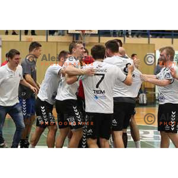 Players of Trimo Trebnje celebrate victory during 1.NLB leasing league handball match between Trimo Trebnje and Gorenje Velenje in Trebnje, Slovenia on September 10, 2021
