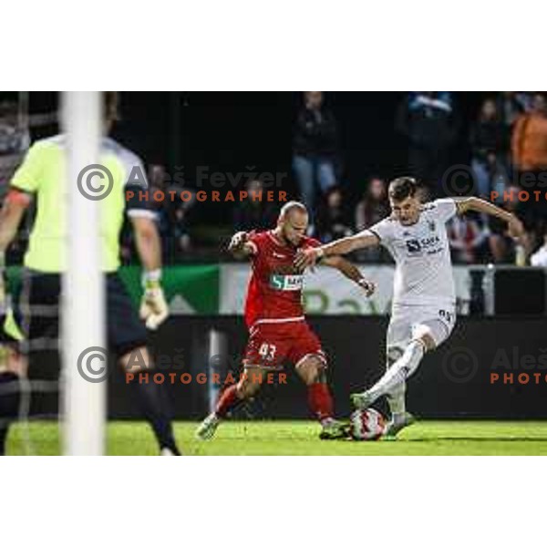 Aljaz Krefl vs Nino Zugelj in action during Prva liga Telemach football match between Aluminij and Maribor in Sportni park Aluminij, Kidricevo, Slovenia on September 12, 2021