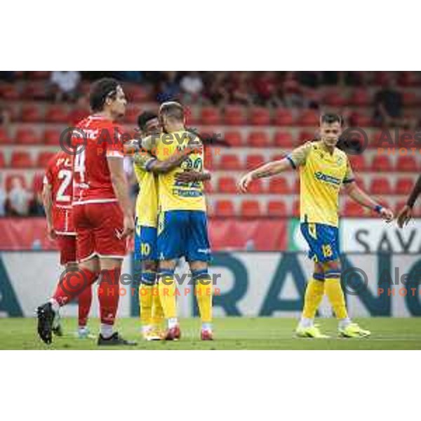 Kaheem Anthony Parris, Maks Barisic and Matej Palcic celebrating during Slovenian Cup 2021/22 football match between Aluminij and Koper in Kidricevo, Slovenia on September 16, 2021