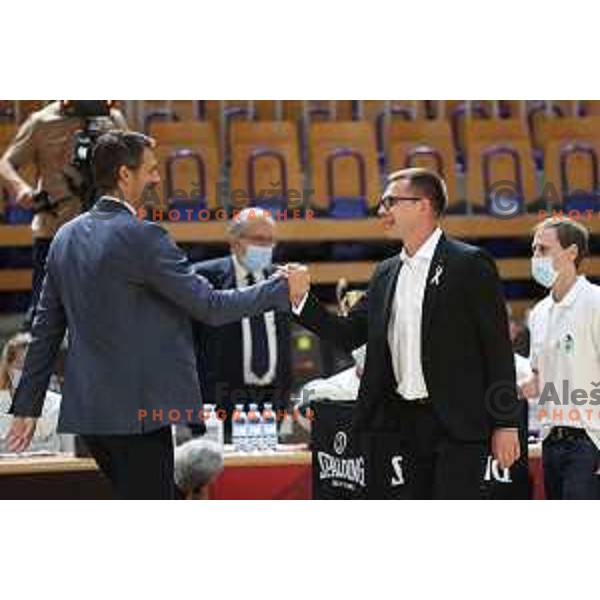 Jurica Golemac, head coach of Cedevita Olimpija and Dalibor Damjanovic, head coach of Krka during Slovenian SuperCup basketball match between Cedevita Olimpija and Krka in Tivoli Hall, Ljubljana, Slovenia on September 17, 2021