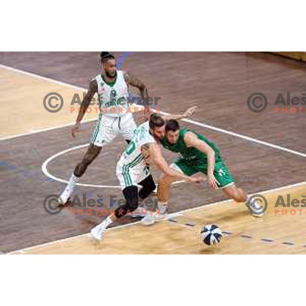 Alen Hodzic and Jan Kosi in action during Slovenian SuperCup basketball match between Cedevita Olimpija and Krka in Tivoli Hall, Ljubljana, Slovenia on September 17, 2021