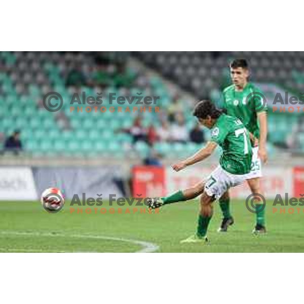 Almedin Ziljkic of Olimpija scores and celebrates goal during Prva Liga Telemach football match between Olimpija and Celje in Ljubljana, Slovenia on September 18, 2021