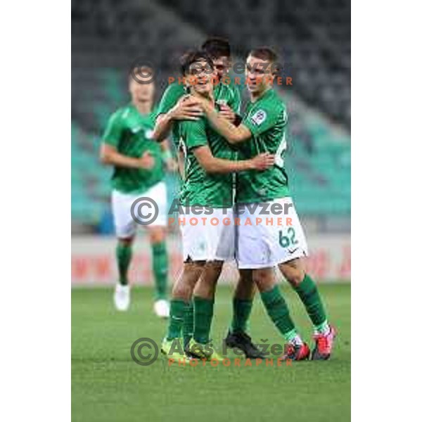Almedin Ziljkic of Olimpija scores and celebrates goal during Prva Liga Telemach football match between Olimpija and Celje in Ljubljana, Slovenia on September 18, 2021