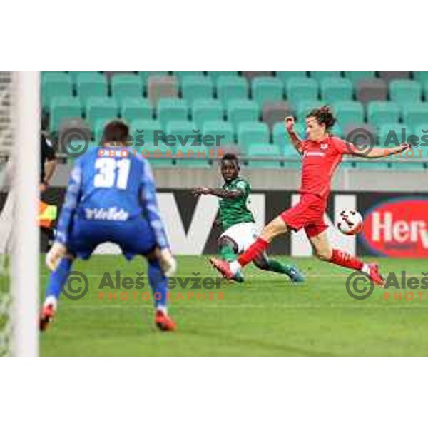 Aldair Djalo and Tjas Begic in action during Prva Liga Telemach football match between Olimpija and Celje in Ljubljana, Slovenia on September 18, 2021