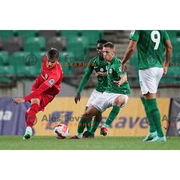 Ivan Bozic and Michael Pavlovic in action during Prva Liga Telemach football match between Olimpija and Celje in Ljubljana, Slovenia on September 18, 2021