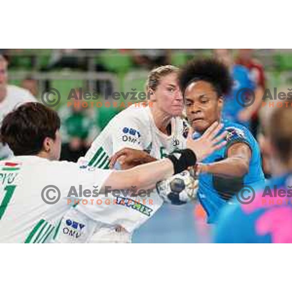 Oceane Sarcien Ugolin in action during EHF Champions League Women 2021-2022 handball match between Krim Mercator (SLO) and Gyori Audi ETO kC (HUN) in Ljubljana, Slovenia on September 18, 2021