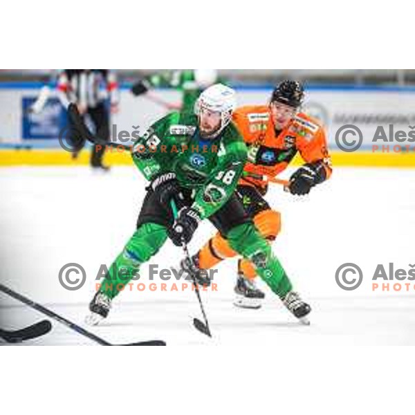 Miha Zajc in action during IceHL match between SZ Olimpija and Graz 99ers in Tivoli Hall, Ljubljana, Slovenia on September 19, 2021