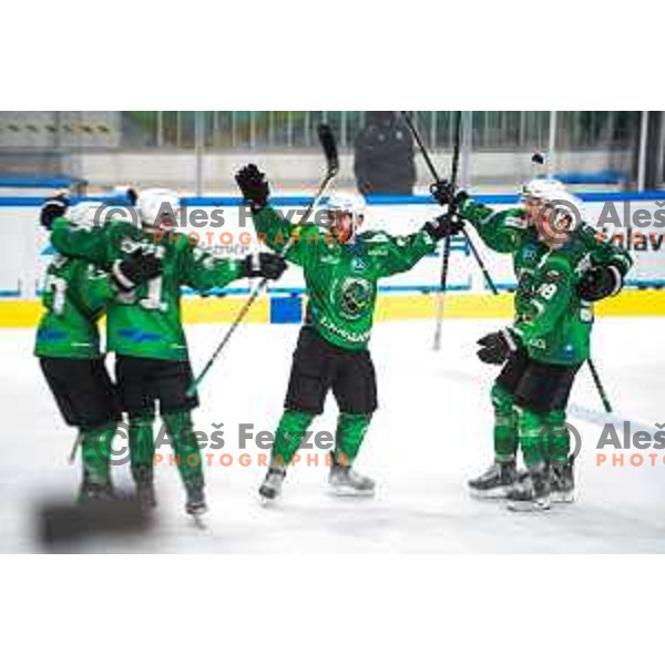 Zan Jezovsek and Blaz Tomazevic in action during IceHL match between SZ Olimpija and Graz 99ers in Tivoli Hall, Ljubljana, Slovenia on September 19, 2021