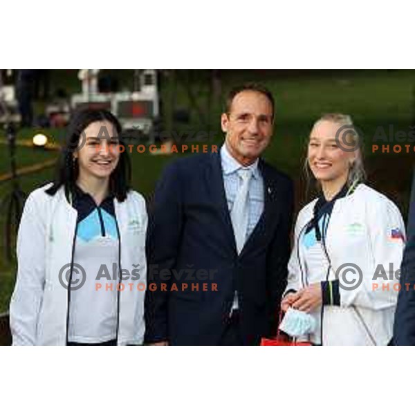 Mia Krampl, Tomaz Barada and Janja Garnbret at Opening of the European Week of Sports, Bled, Slovenia on September 23, 2021