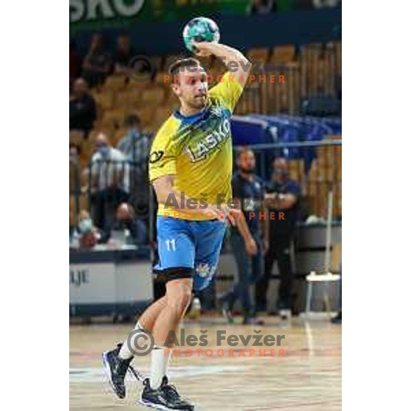 Gal Marguc in action during 1.NLB leasing league handball match between Celje PL and Koper in Celje, Slovenia on September 24, 2021