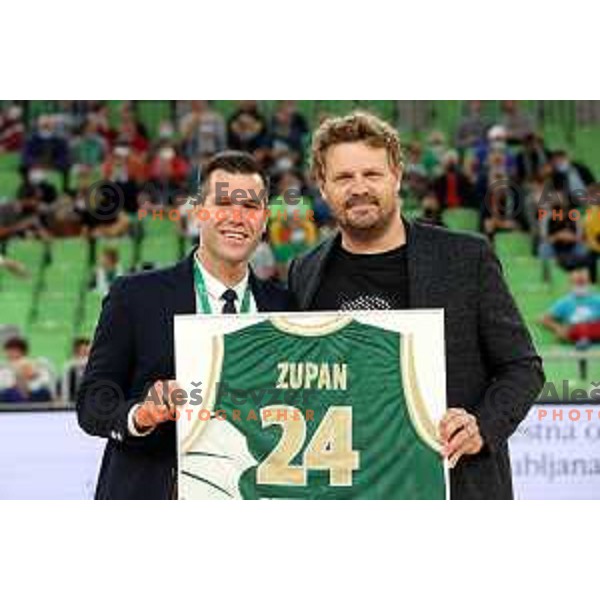Sani Becirovic and Miha Zupan during ABA league regular season basketball match between Cedevita Olimpija and Krka in Stozice, Arena, Ljubljana, Slovenia on September 25, 2021